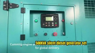 Deze stille dieselgeneratorset van 500 KVA, aangedreven door een robuuste motor en een Stamford-dynamo